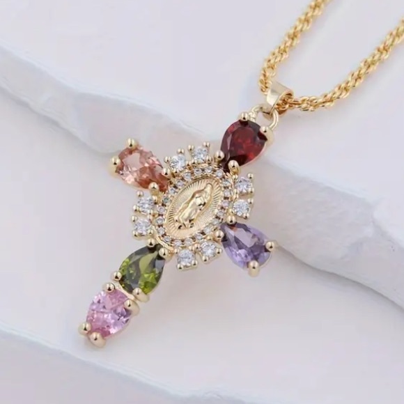 Jewelry - Virgin Mary Diamond Ruby Citrine Amethyst Peridot Pink Topaz Cross Necklace